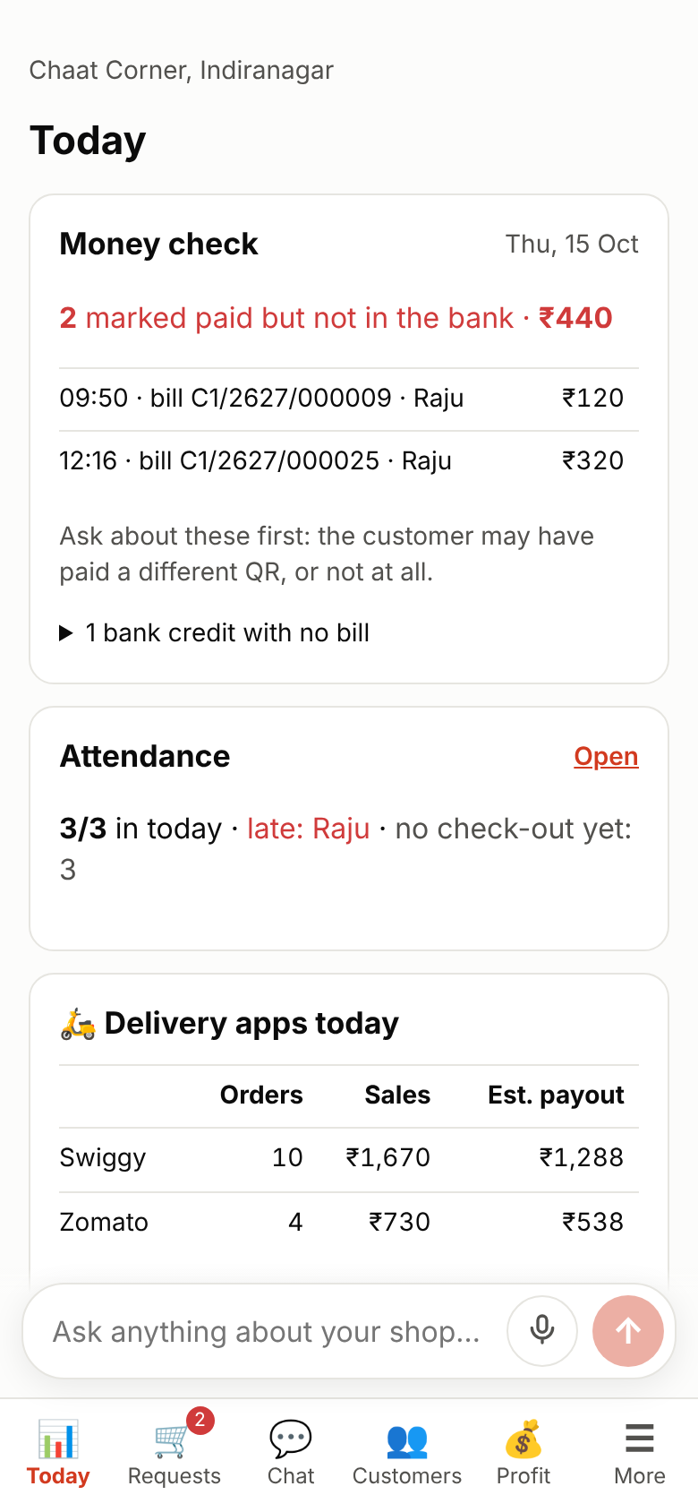 Xike's Today screen: sales, payments and what needs the owner, in one place